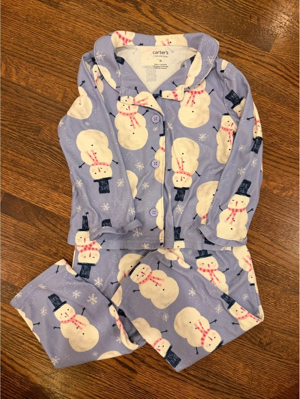 Carter’s Toddler 3T Purple Snowman Pajama Set Winter Long Sleeve PJs